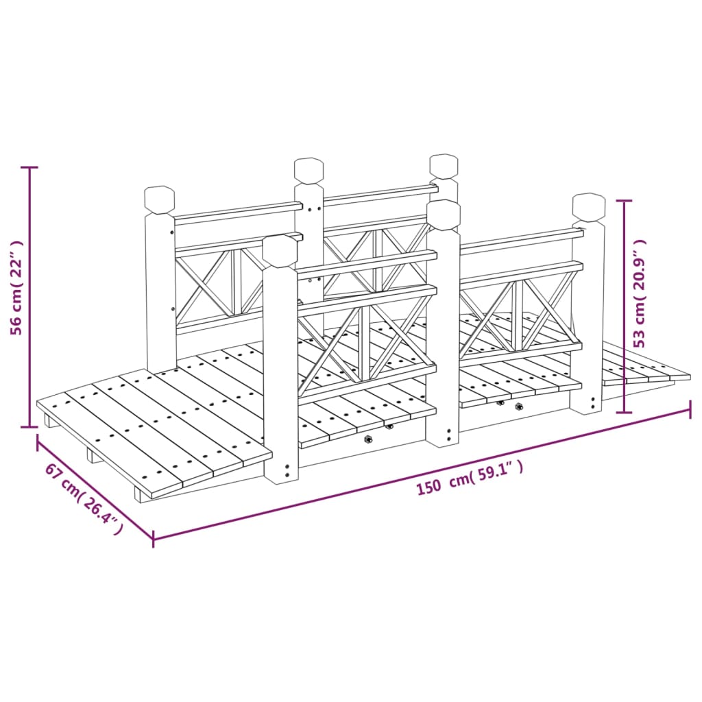 Ponte de jardim com corrimões 150x67x56 cm abeto maciço