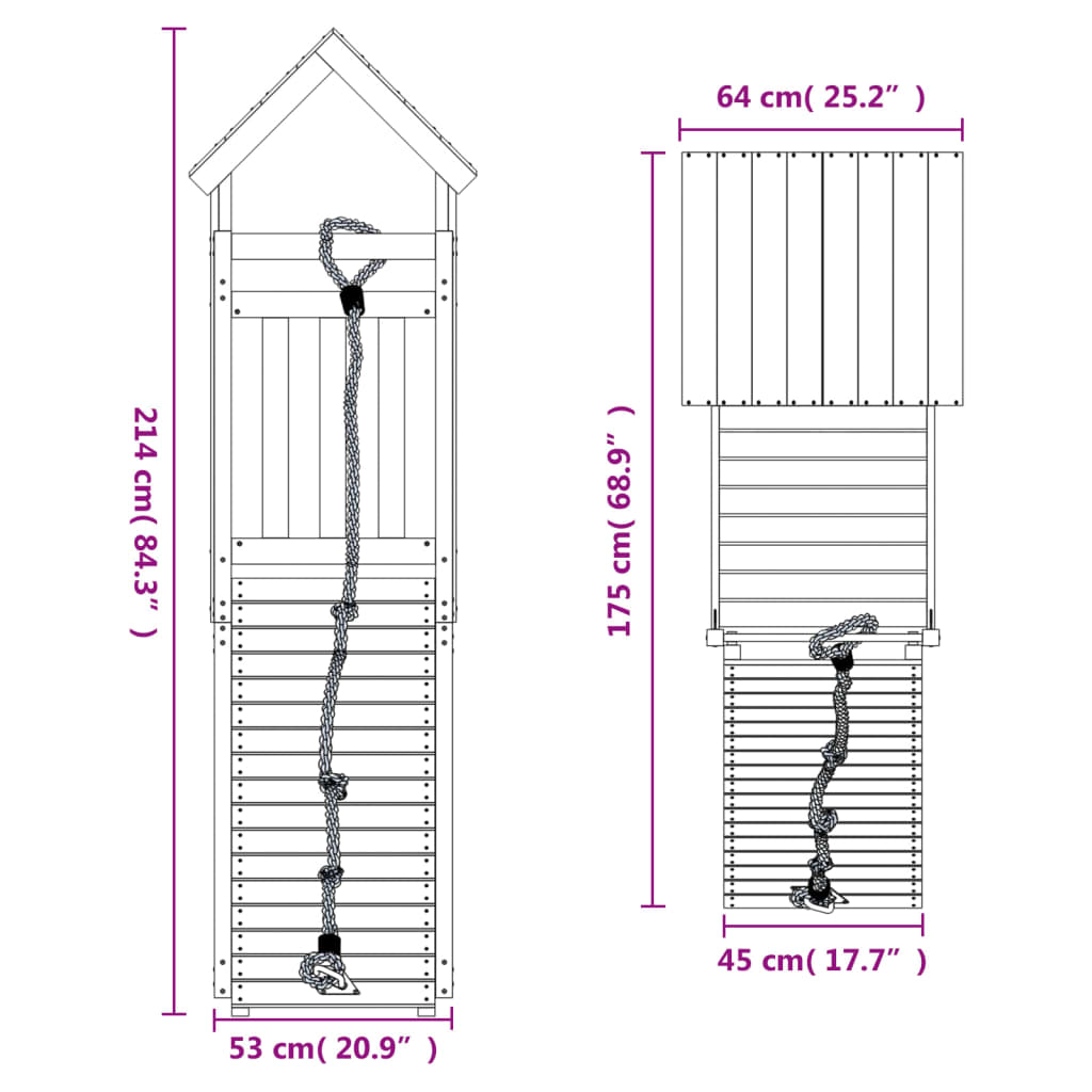 Casa de brincar com parede de escalar pinho impregnado