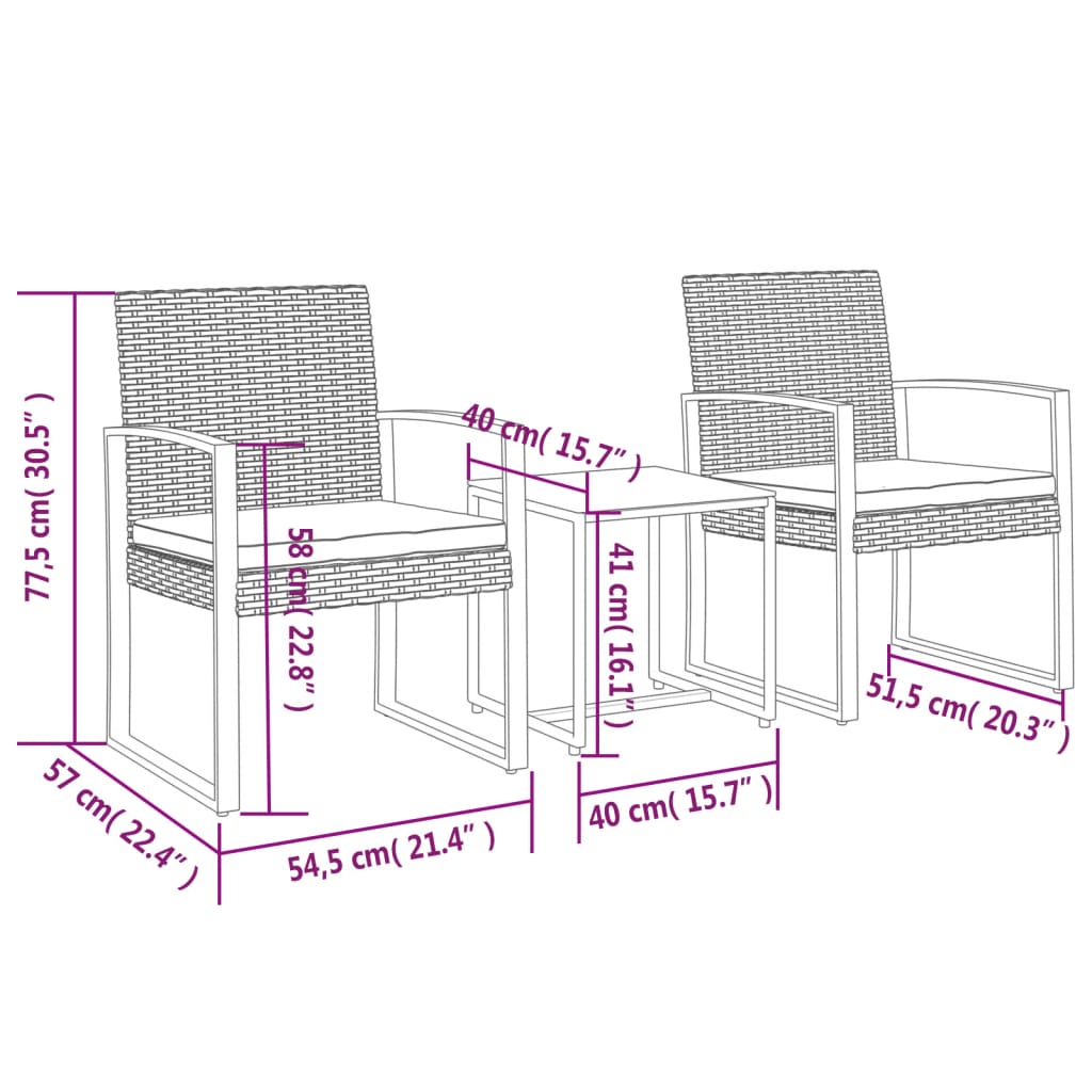 3 pcs conj. jantar p/ jardim c/ almofadões vime PP cinza-escuro