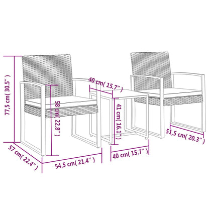 3 pcs conj. jantar p/ jardim c/ almofadões vime PP cinza-escuro