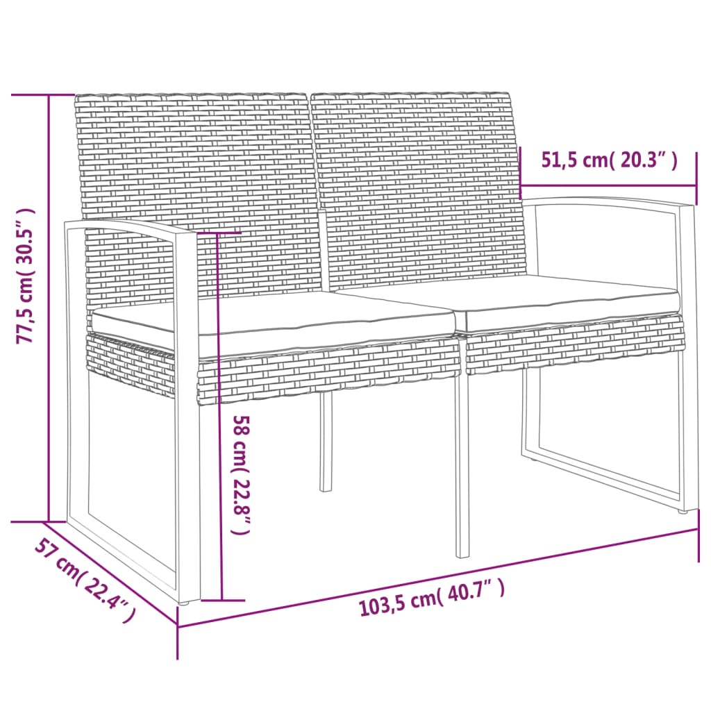 Banco de Jardim de 2 Lugares com Almofadões - Em Vime PP - 103,5 x 57 x 77,5 cm - Cor Preto