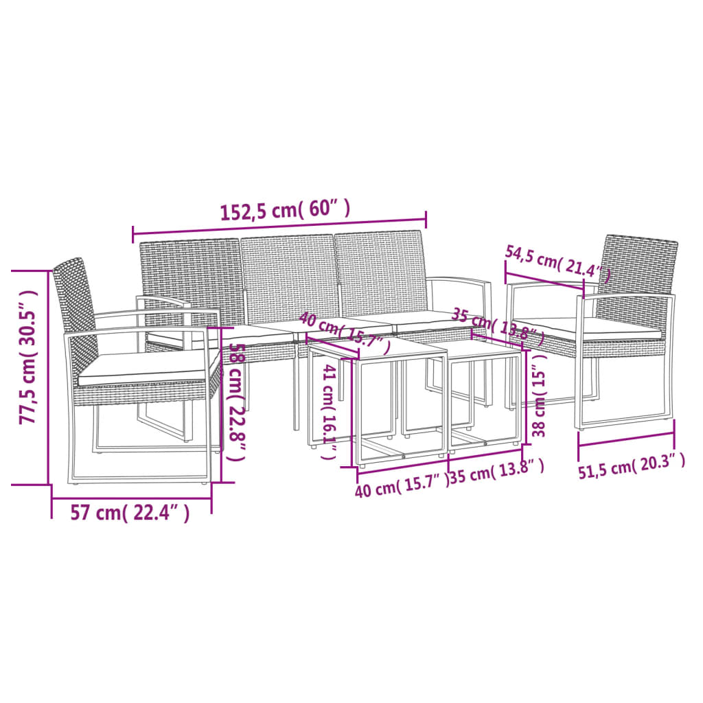 5 pcs conjunto de jantar p/ jardim c/ almofadões vime PP preto