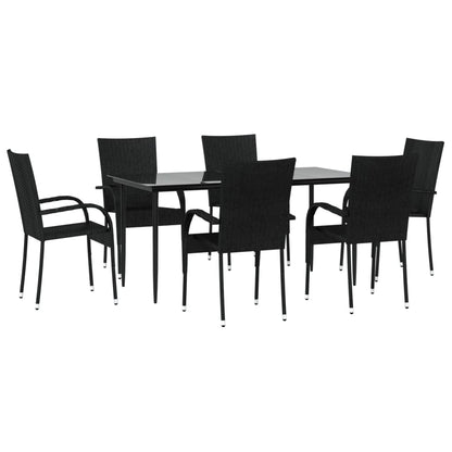 7 pcs conjunto de jantar para jardim vime PE preto