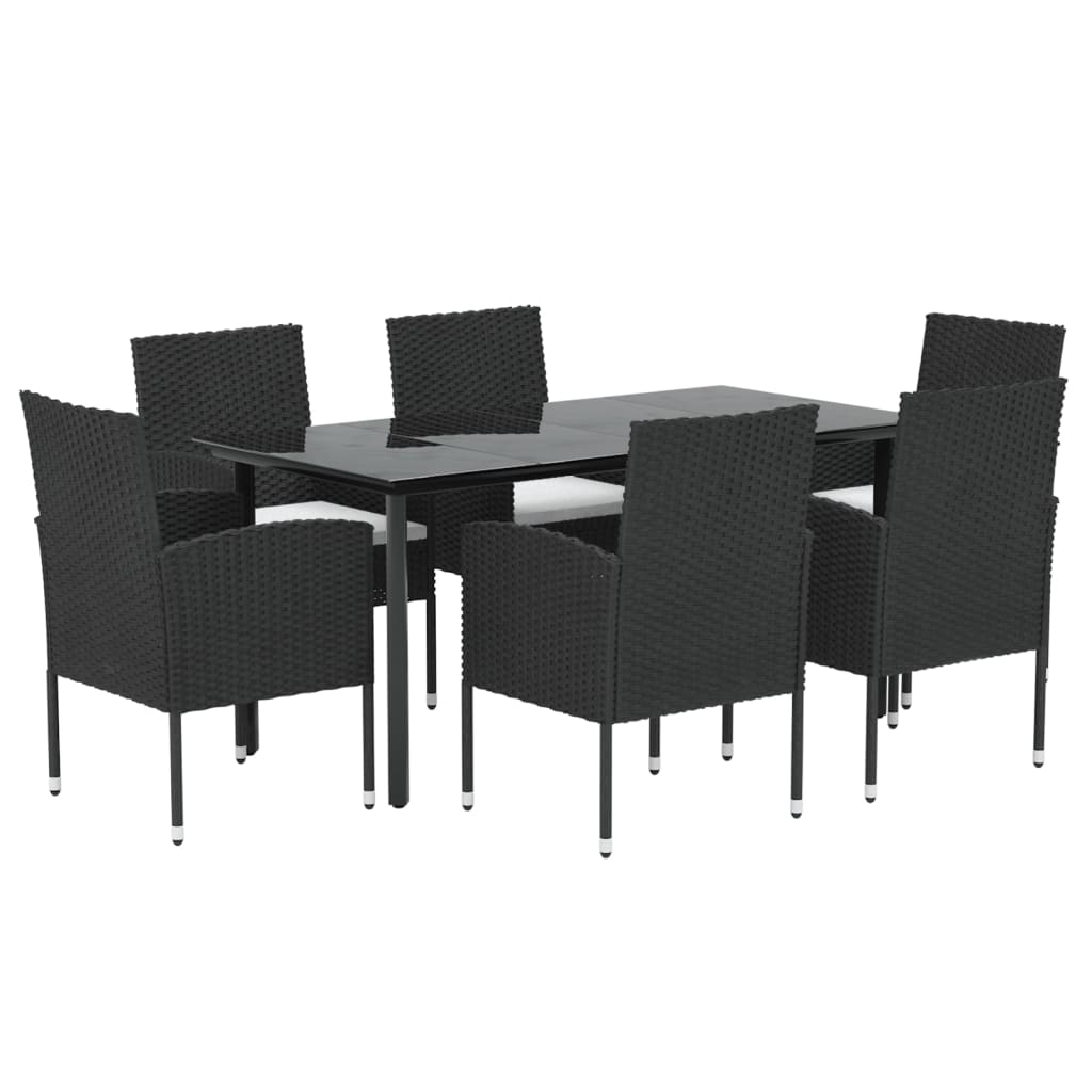 7 pcs conjunto de jantar p/ jardim c/ almofadões vime PE preto