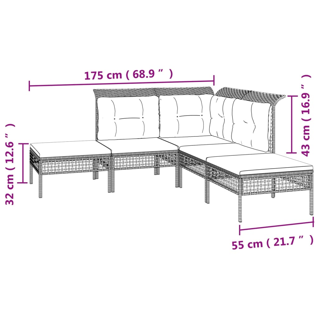 5 pcs conjunto lounge de jardim c/ almofadões vime PE cinzento