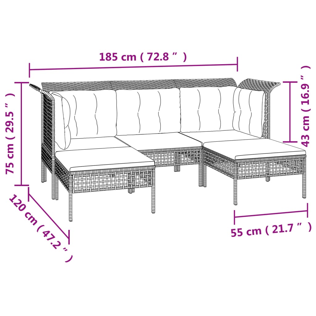 5 pcs conjunto lounge de jardim c/ almofadões vime PE cinzento