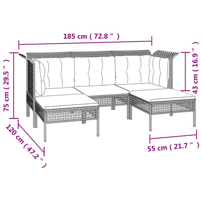 5 pcs conjunto lounge de jardim c/ almofadões vime PE cinzento