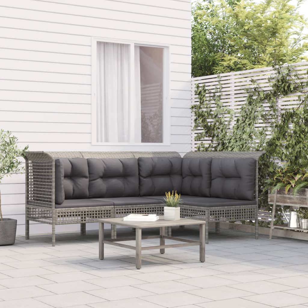 4 pcs conjunto lounge de jardim c/ almofadões vime PE cinzento