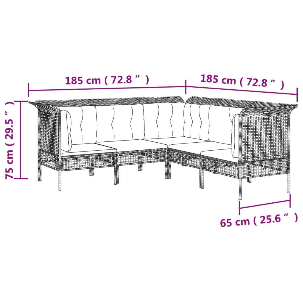 5 pcs conjunto lounge de jardim c/ almofadões vime PE cinzento