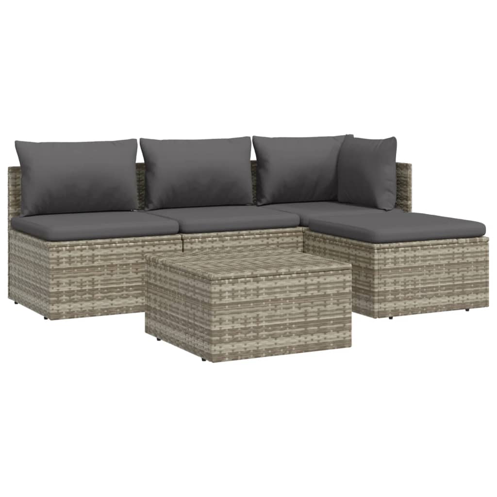 5 pcs conjunto lounge de jardim c/ almofadões vime PE cinzento