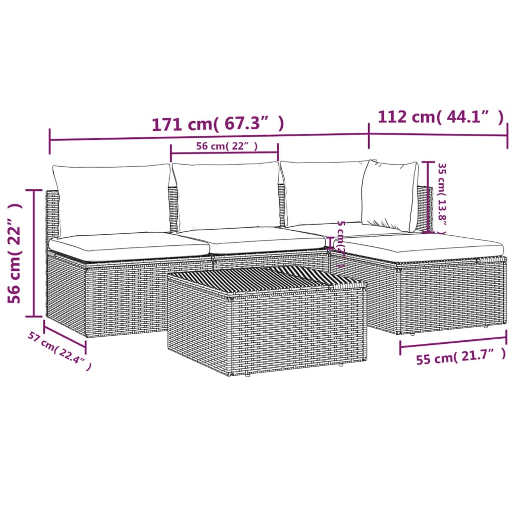 5 pcs conjunto lounge de jardim c/ almofadões vime PE cinzento