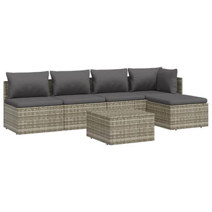 6 pcs conjunto lounge de jardim c/ almofadões vime PE cinzento