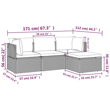 4 pcs conjunto lounge de jardim c/ almofadões vime PE cinzento