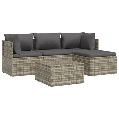 5 pcs conjunto lounge de jardim c/ almofadões vime PE cinzento