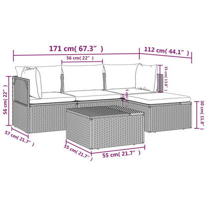 5 pcs conjunto lounge de jardim c/ almofadões vime PE cinzento