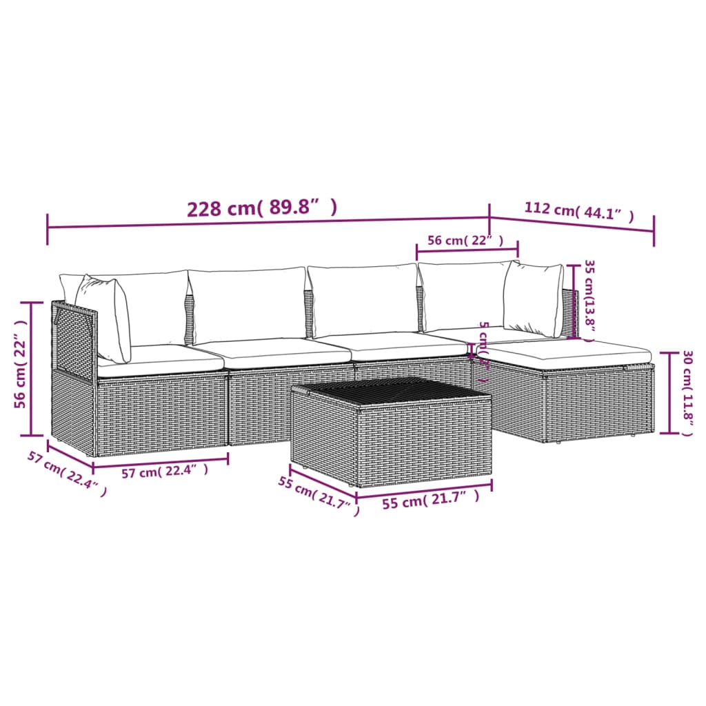 6 pcs conjunto lounge de jardim c/ almofadões vime PE cinzento