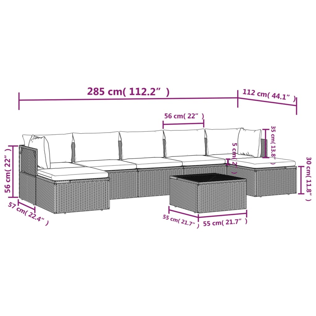 8 pcs conjunto lounge de jardim c/ almofadões vime PE cinzento