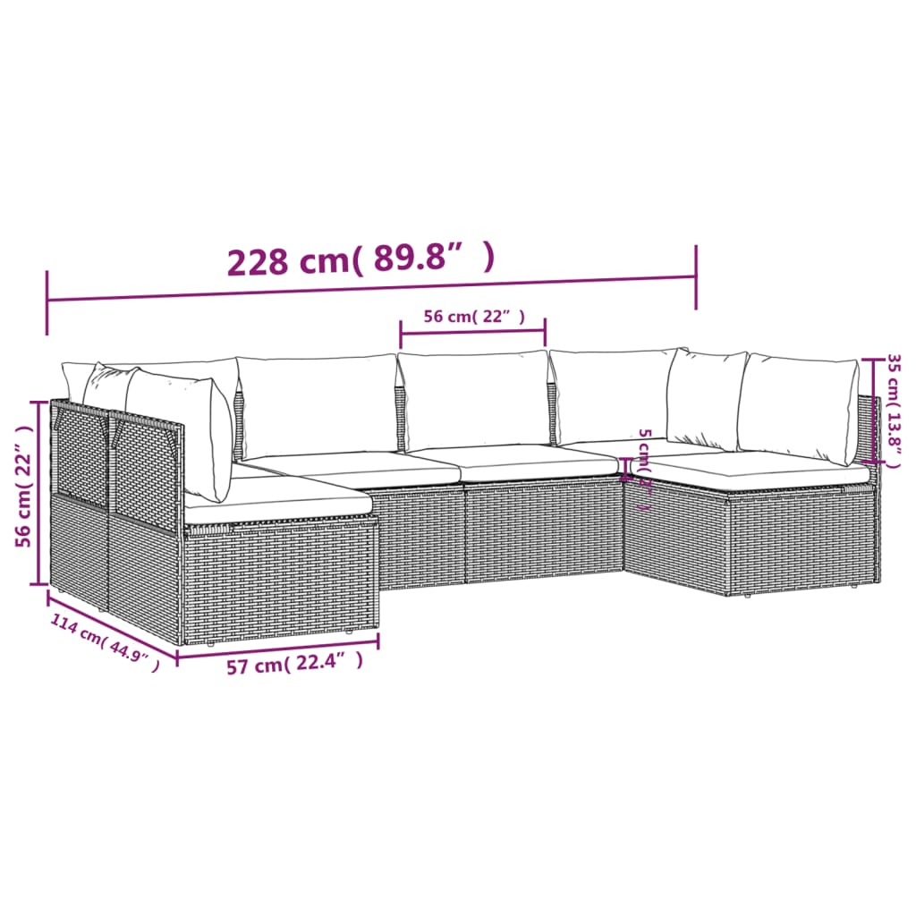 6 pcs conjunto lounge de jardim c/ almofadões vime PE cinzento