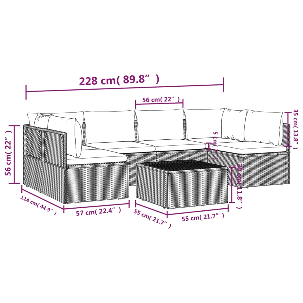 7 pcs conjunto lounge de jardim c/ almofadões vime PE cinzento