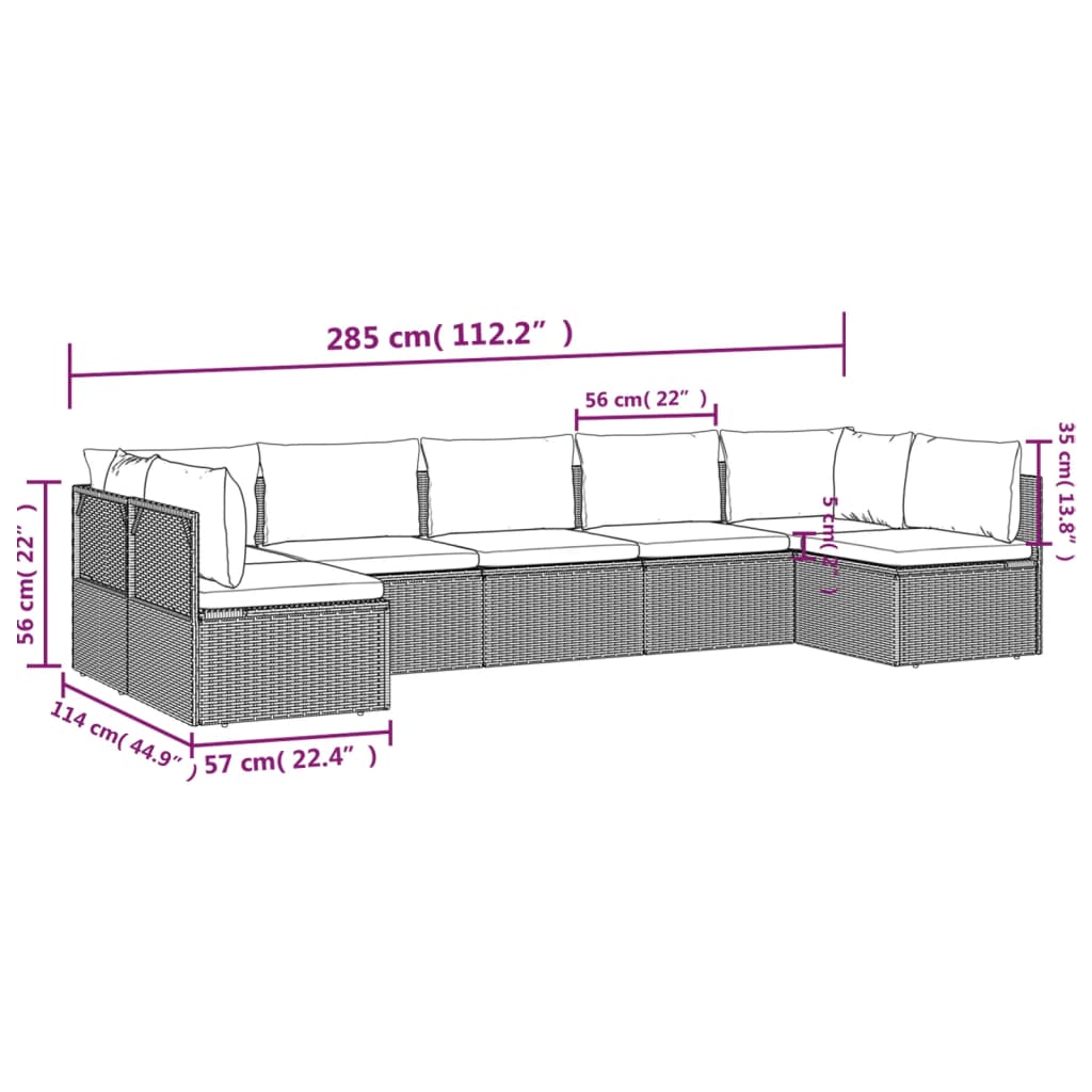 7 pcs conjunto lounge de jardim c/ almofadões vime PE cinzento