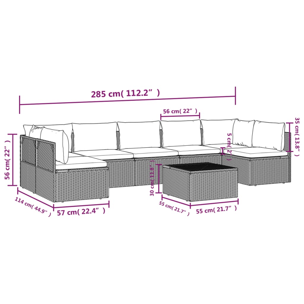 8 pcs conjunto lounge de jardim c/ almofadões vime PE cinzento