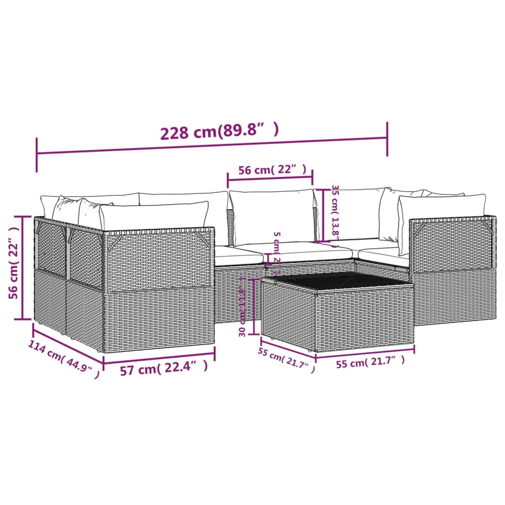 7 pcs conjunto lounge de jardim c/ almofadões vime PE cinzento