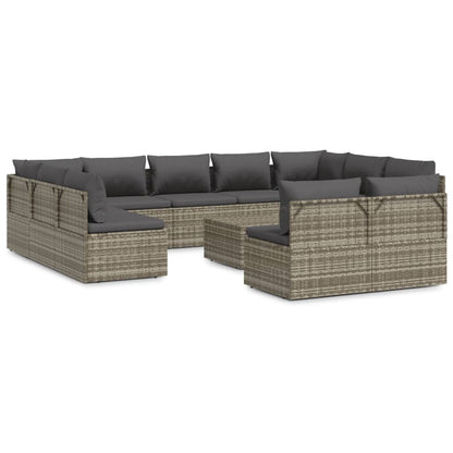 12 pcs conjunto lounge de jardim c/ almofadões vime PE cinzento