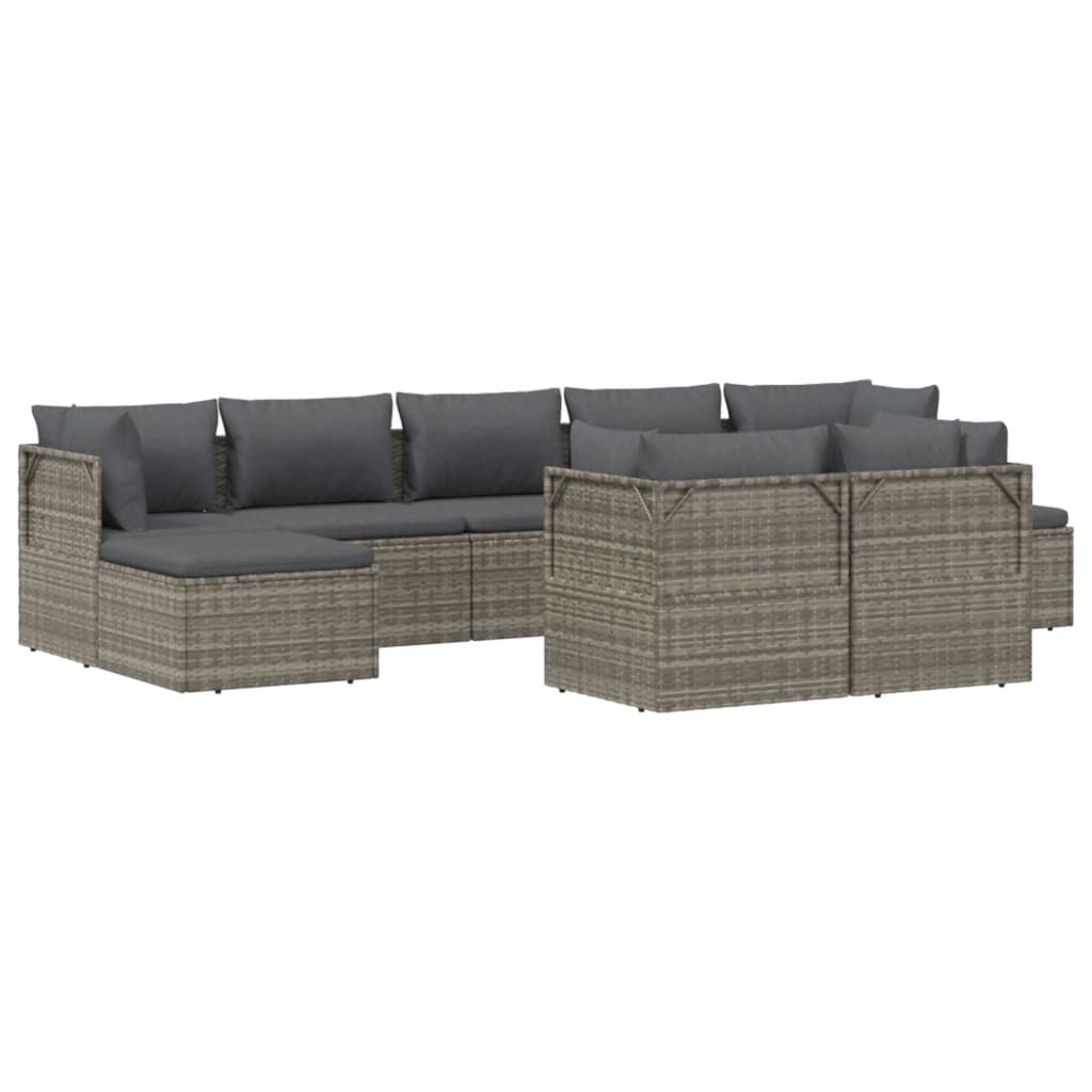 9 pcs conjunto lounge de jardim c/ almofadões vime PE cinzento