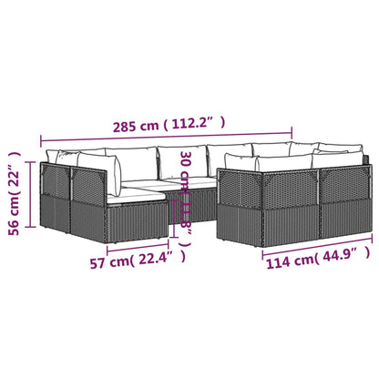 9 pcs conjunto lounge de jardim c/ almofadões vime PE cinzento