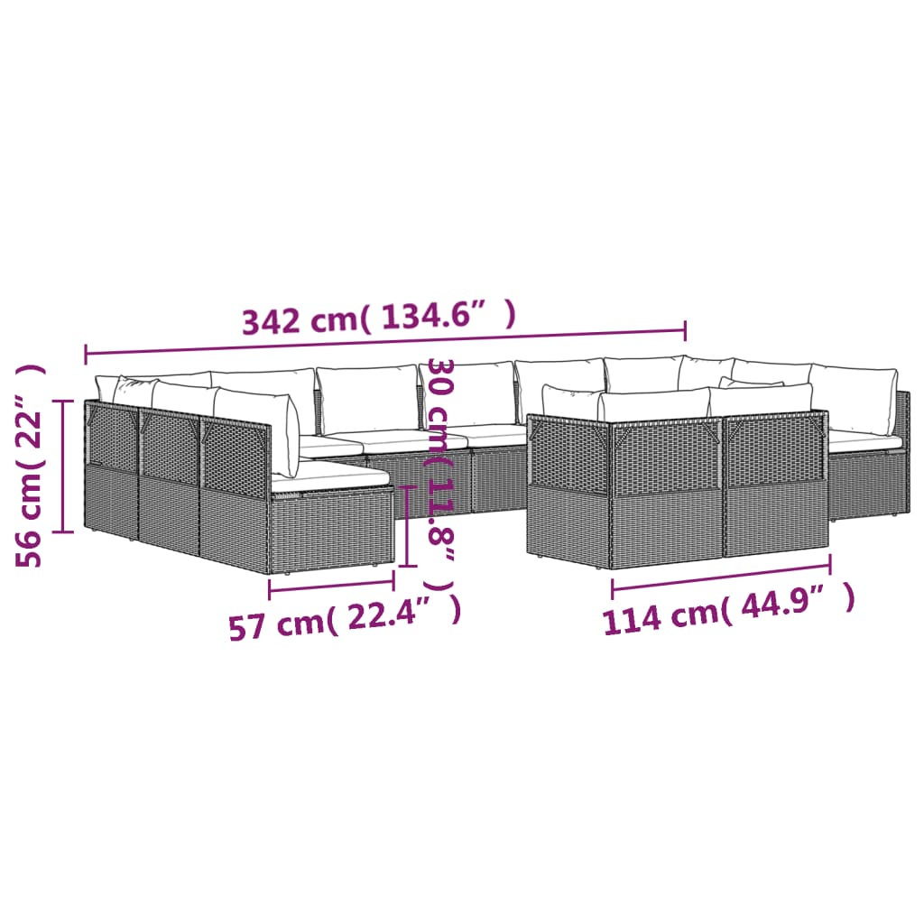 12 pcs conjunto lounge de jardim c/ almofadões vime PE cinzento