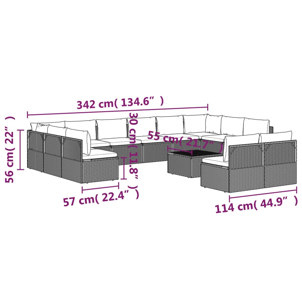 13 pcs conjunto lounge de jardim c/ almofadões vime PE cinzento