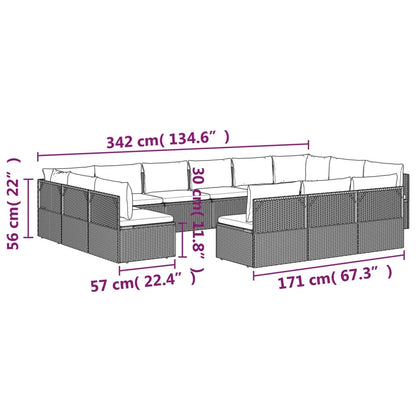 13 pcs conjunto lounge de jardim c/ almofadões vime PE cinzento