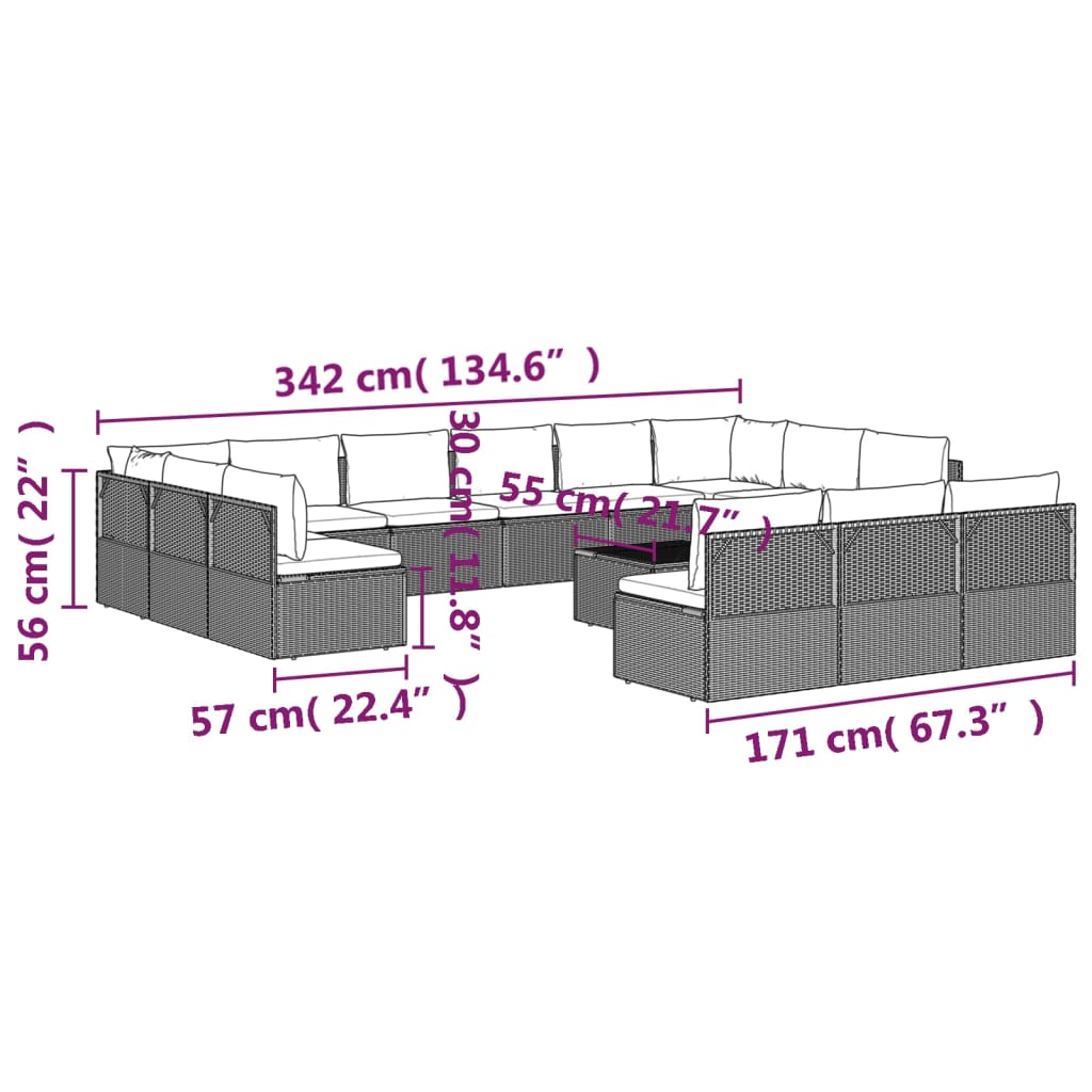 14 pcs conjunto lounge de jardim c/ almofadões vime PE cinzento