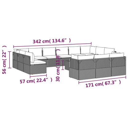 14 pcs conjunto lounge de jardim c/ almofadões vime PE cinzento