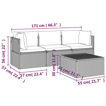 4 pcs conjunto lounge de jardim c/ almofadões vime PE cinzento