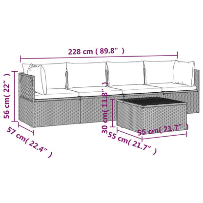 5 pcs conjunto lounge de jardim c/ almofadões vime PE cinzento