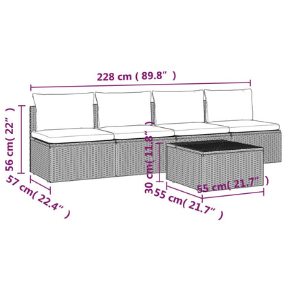 5 pcs conjunto lounge de jardim c/ almofadões vime PE cinzento