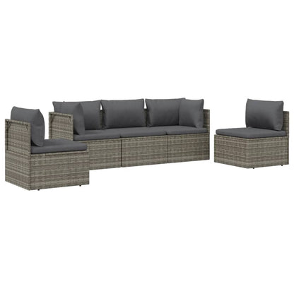 5 pcs conjunto lounge de jardim c/ almofadões vime PE cinzento