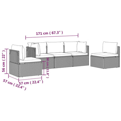 5 pcs conjunto lounge de jardim c/ almofadões vime PE cinzento