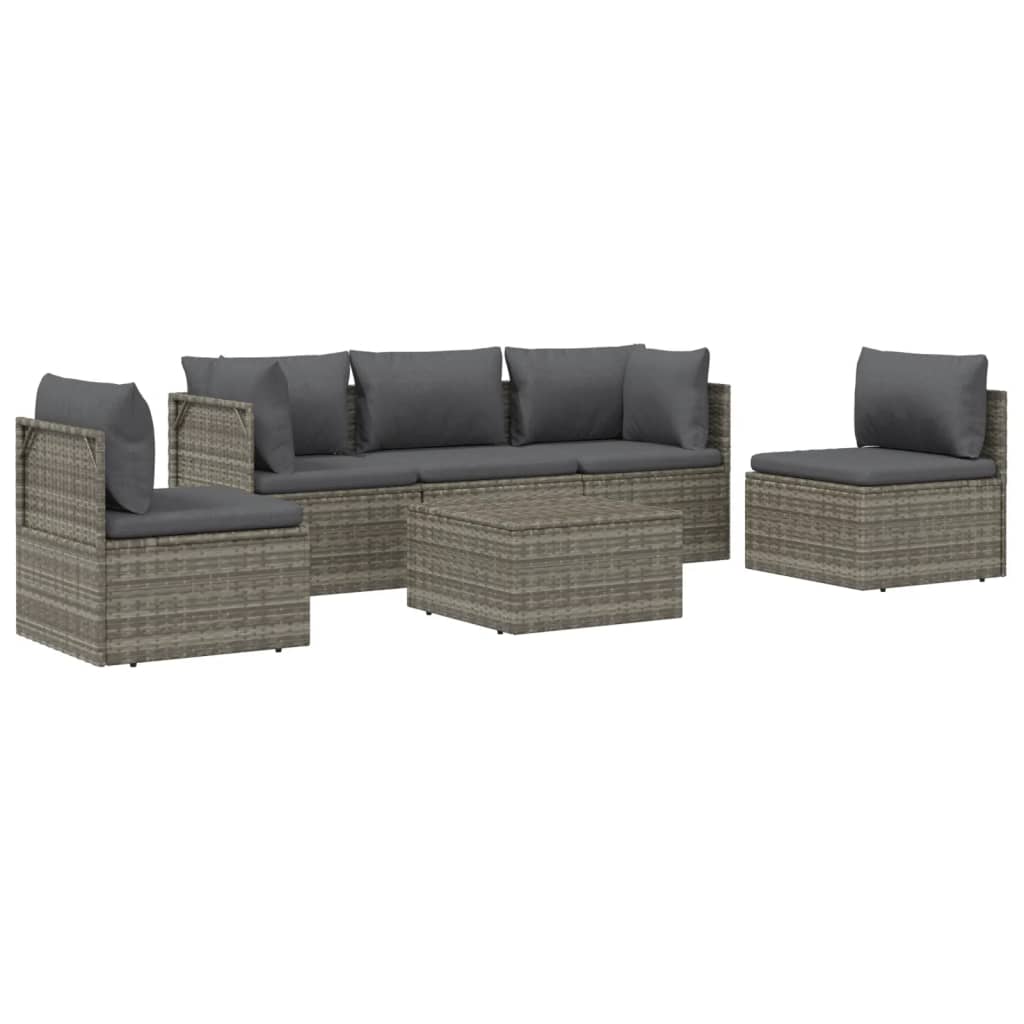 6 pcs conjunto lounge de jardim c/ almofadões vime PE cinzento