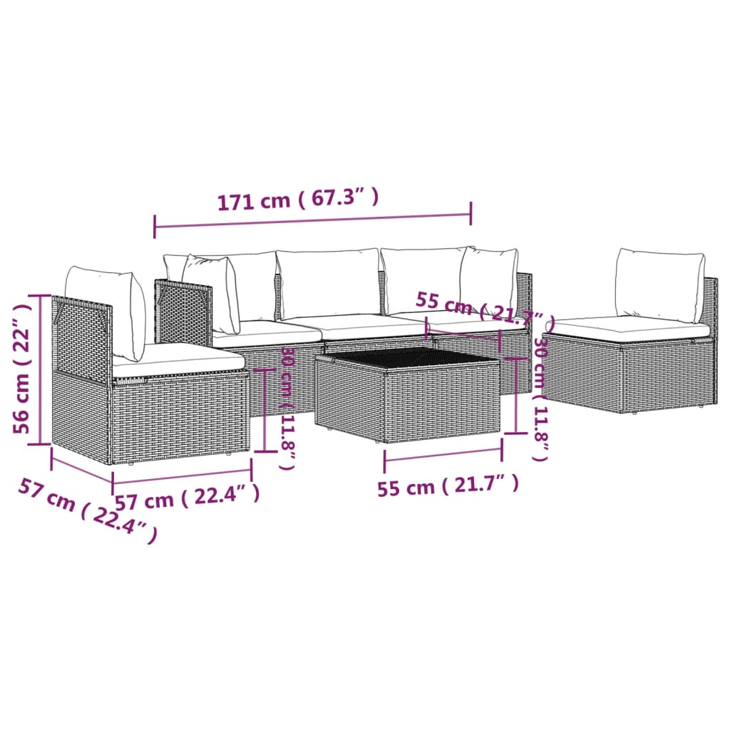 6 pcs conjunto lounge de jardim c/ almofadões vime PE cinzento