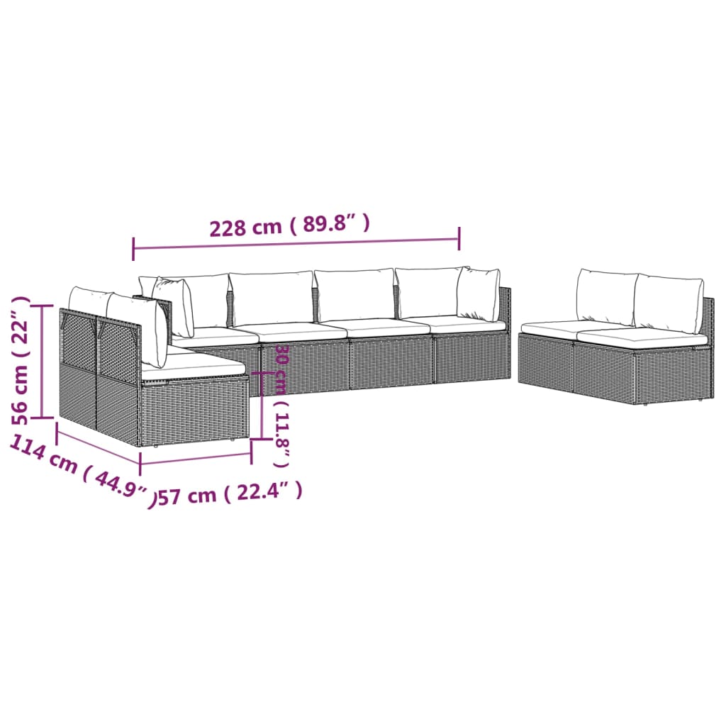 8 pcs conjunto lounge de jardim c/ almofadões vime PE cinzento