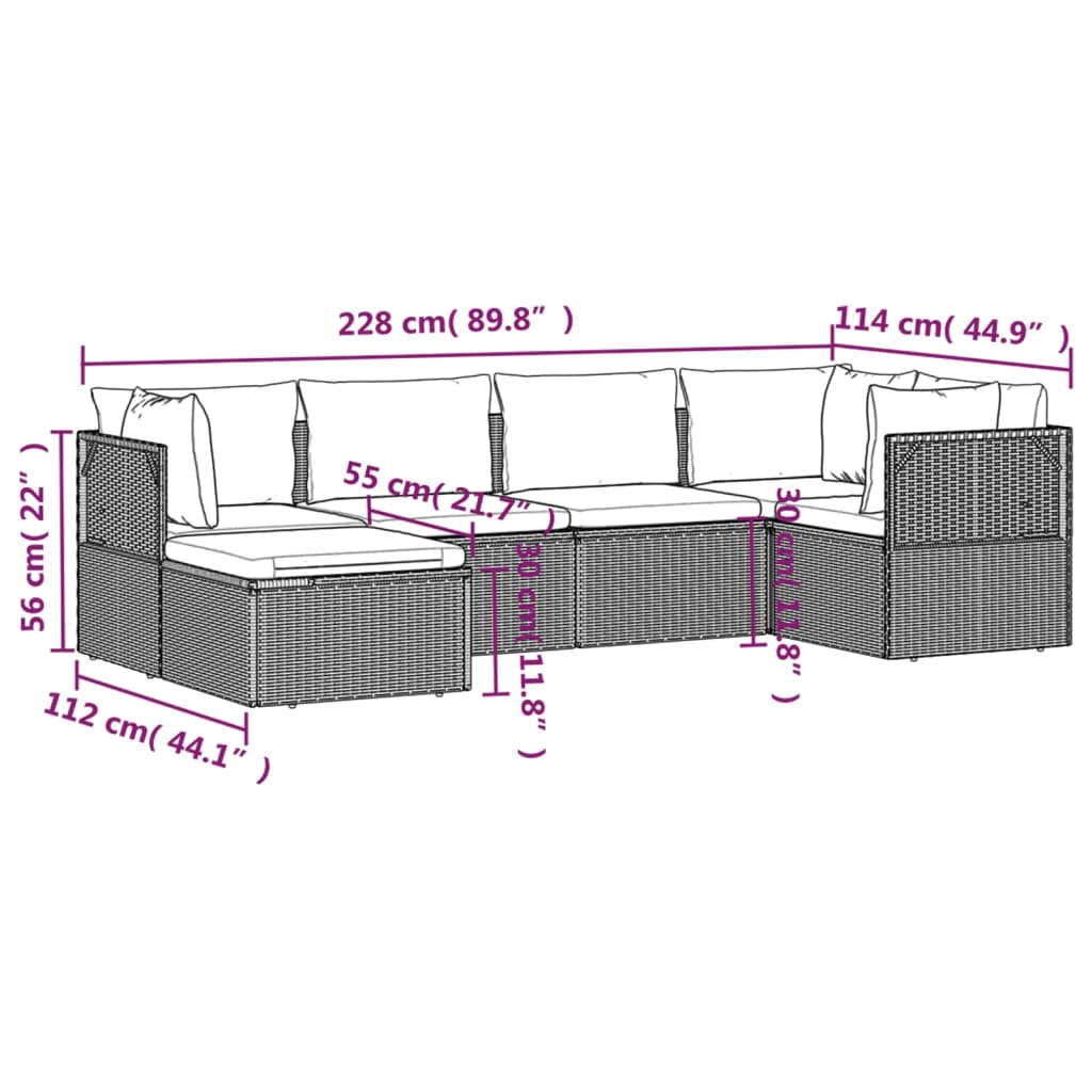 6 pcs conjunto lounge de jardim c/ almofadões vime PE cinzento