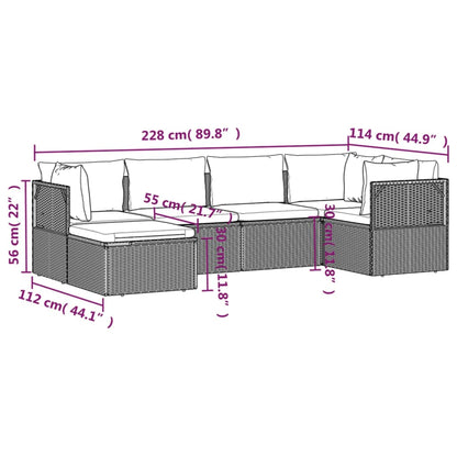 6 pcs conjunto lounge de jardim c/ almofadões vime PE cinzento