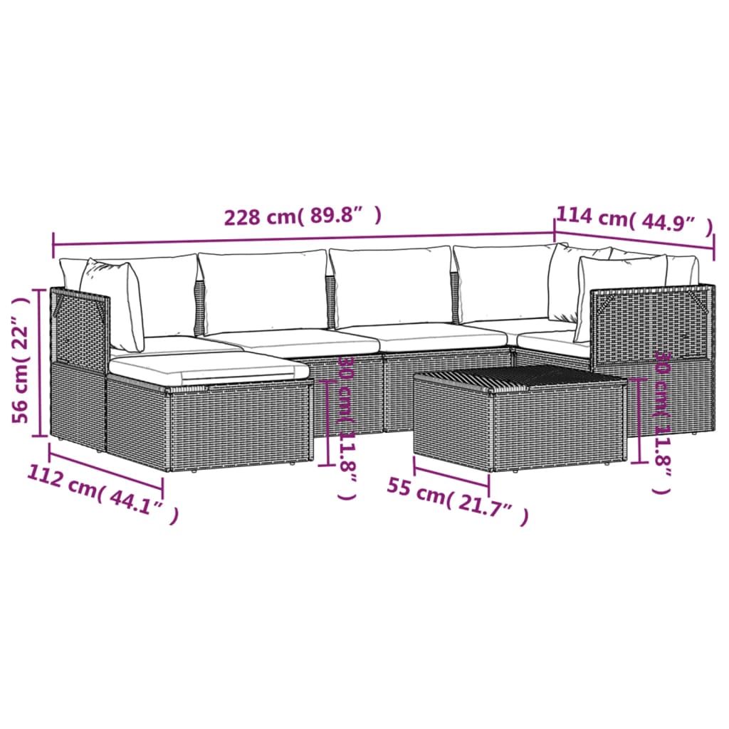 7 pcs conjunto lounge de jardim c/ almofadões vime PE cinzento