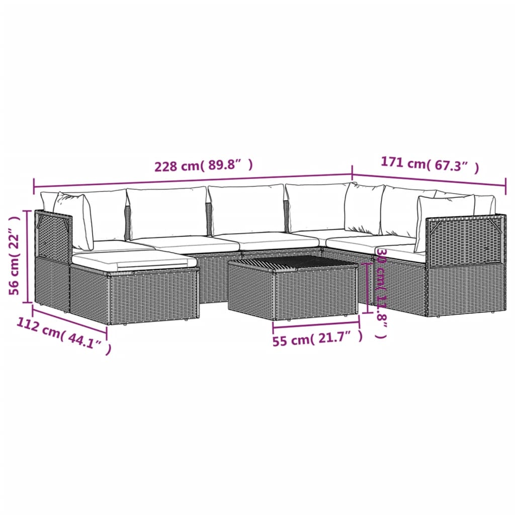 8 pcs conjunto lounge de jardim c/ almofadões vime PE cinzento