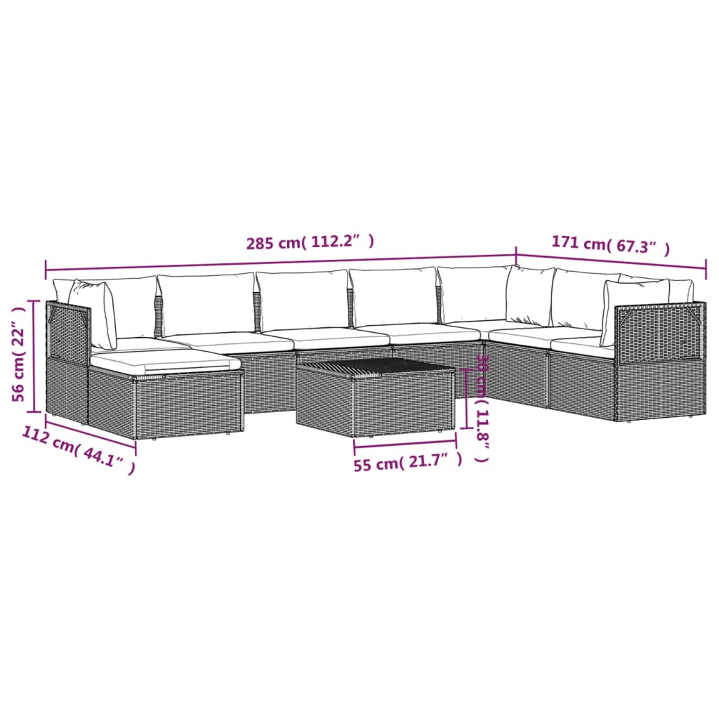 9 pcs conjunto lounge de jardim c/ almofadões vime PE cinzento