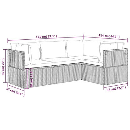 4 pcs conjunto lounge de jardim c/ almofadões vime PE cinzento