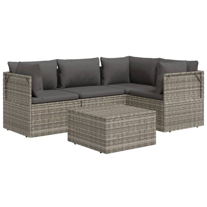 5 pcs conjunto lounge de jardim c/ almofadões vime PE cinzento