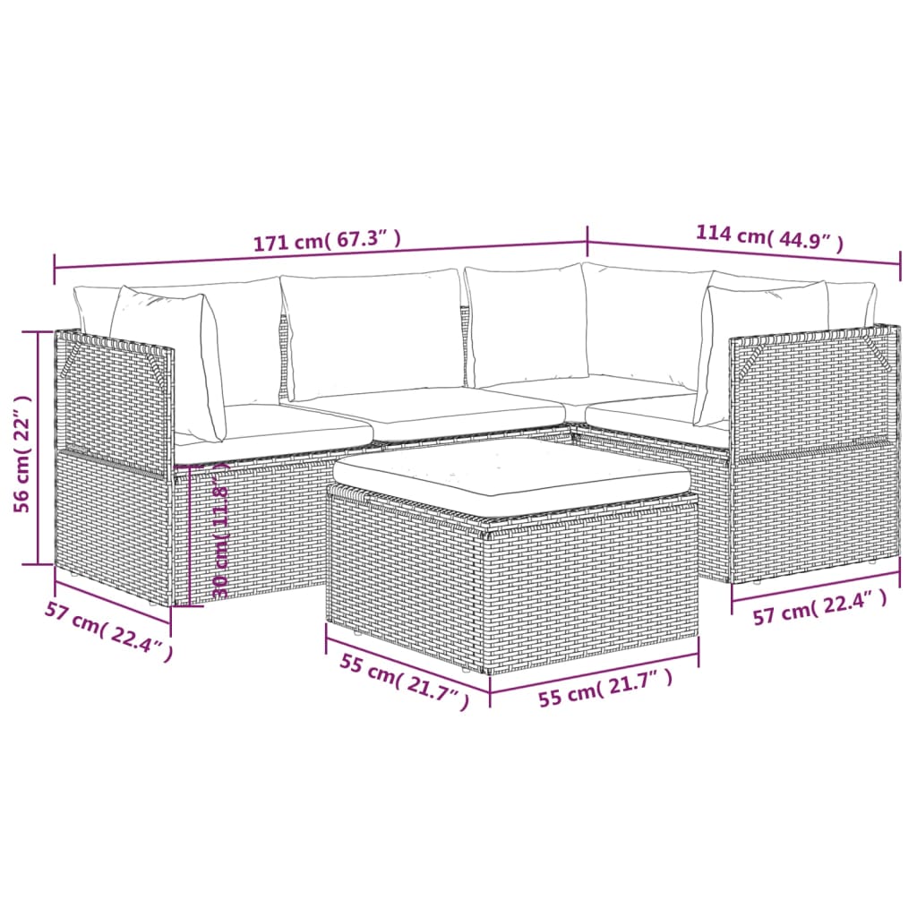 5 pcs conjunto lounge de jardim c/ almofadões vime PE cinzento